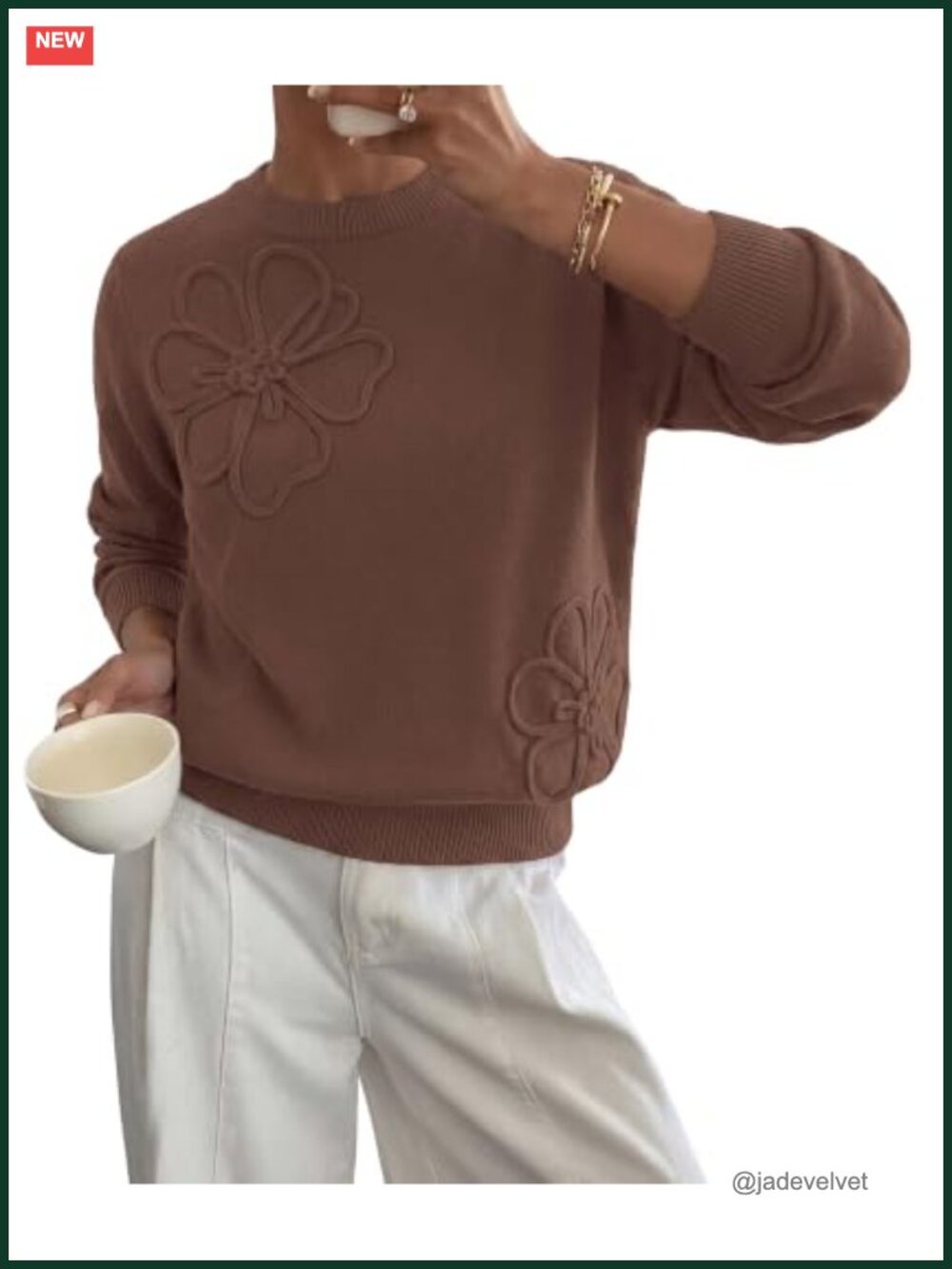Women's Crew Neck Long Sleeve Pullover Sweater with 3D Flower Embroidery